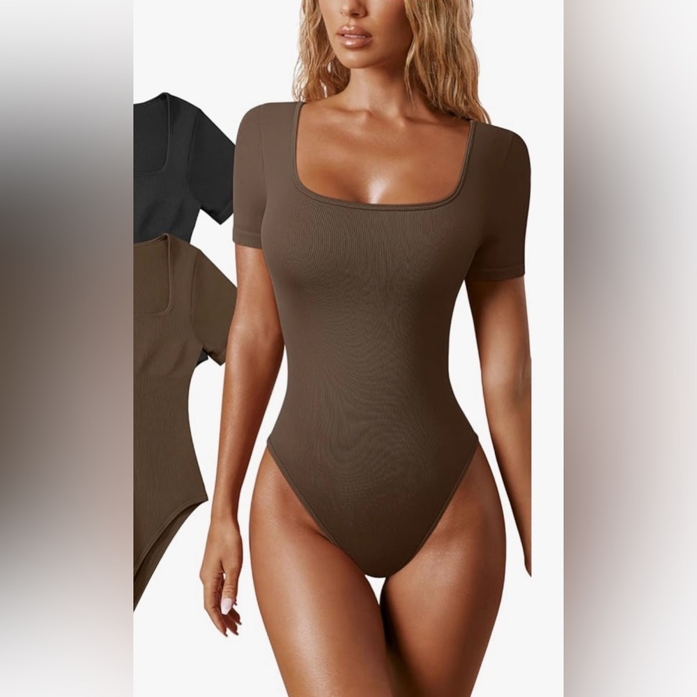 Brown QQQ Square Neck Ribbed Bodysuit Women’s Size M Slimming Cinching Fit